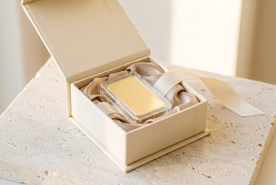 Kleiner Goldbarren in Kapsel in einer cremefarbenen Geschenkbox