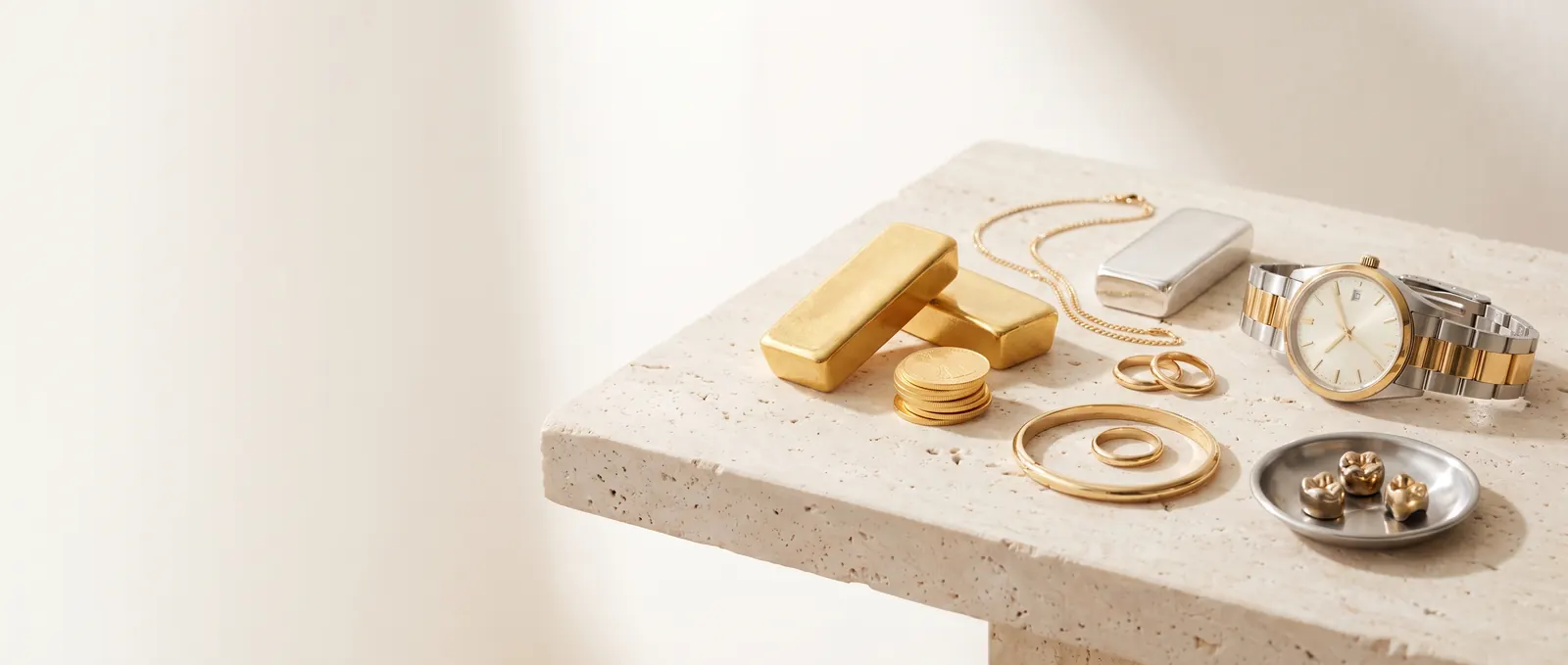 Goldbarren, Goldmünzen, Silberbarren, Goldschmuck, eine Armbanduhr und Zahngold auf hellem Travertin