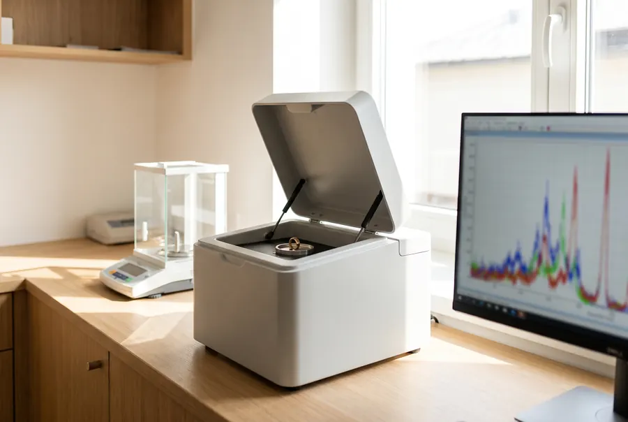 Röntgenfluoreszenz-Spektrometer mit Feinwaage und Analysebildschirm