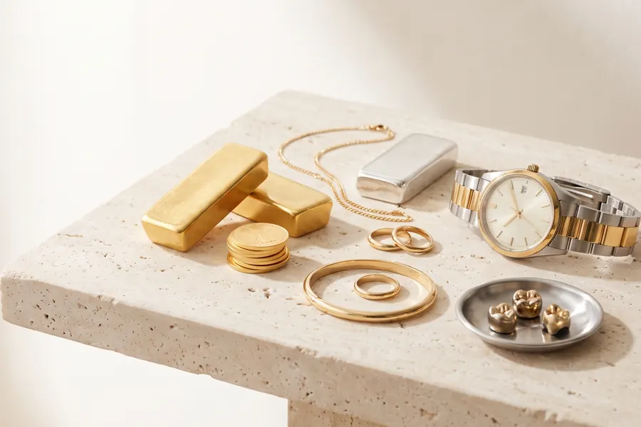 Goldbarren, Goldmünzen, Goldschmuck, Armbanduhr und Zahngold auf hellem Travertin